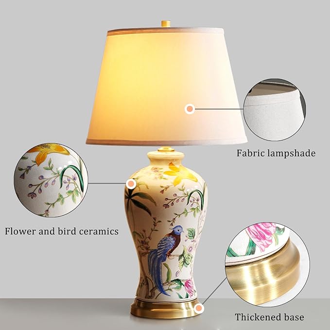 PURESILKS White Ceramics Table Lamp 25.5" Chinoiserie Lamp Flower and Bird Table Lamp American Handmade Beige Linen Drum Shade Decor for Living Room Bedroom - Bloomnest
