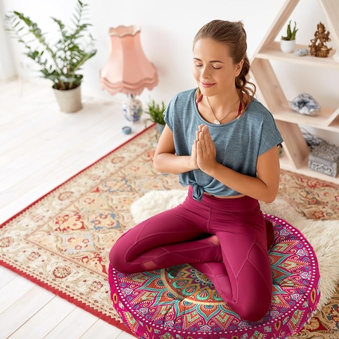 Mandala Meditation Cushion, Boho Meditation Mat, Meditation Pillows for Sitting on Floor, Cushions for Sitting in Home and Outdoor, Round Floor Pillows Cushion Seating for Yoga 22'' X 22'' - Bloomnest