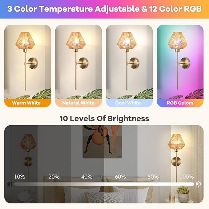 Battery Operated Wall Sconce Set of 2, Rattan Rechargeable Wall Light Dimmable with Remote Control, 15 Color Changing and Timer, Boho Wireless Battery Operated Wall lamps for Bedroom, living room - Bloomnest