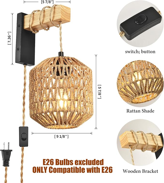 Rattan Plug in Wall Sconces Set of Two, Hand Woven Boho Wall Lamp Plug in Cord Wall Sconces for Bedroom Living Room Farmhouse - Bloomnest