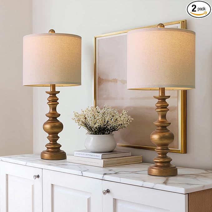 BOBOMOMO 24" Traditional Lamps Set of 2 – Antique Gold Bedside Lamps with Linen Shades, Elegant Medium Farmhouse Lamps for Living Room, Bedroom, and Hallway, Ideal for Warm, Cozy Spaces - Bloomnest