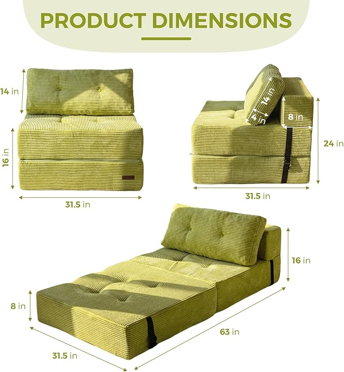 MAXYOYO Folding Sofa Bed, Convertible Sofa Bed with High-Density Support Foam, Portable 4 in 1 Fold Out Chair to Floor Lounger, Versatile Floor Couch for Living Room Bedroom, Green - Bloomnest