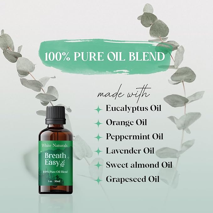 White Naturals Breathe Easy Essential Oil Blend – Refreshing Aromatherapy Oil for Clear Breathing & Comfort, 100% Pure & Natural Essential Oils for Freshness, 1oz - Bloomnest