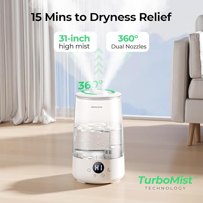 Homvana Humidifiers for Bedroom Home, 3.6 L Cool Mist Top-Fill 34H Super Long Time, Quiet 23dB, Baby Humidifier, Oil Diffuser for Large Room, House, Plant, Nursery, BPA FREE, Ultrasonic (Transparent) - Bloomnest