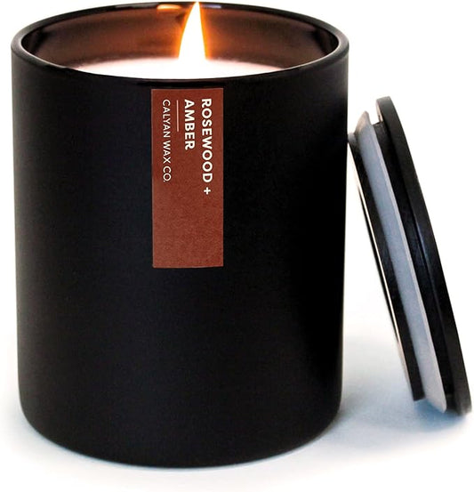 Calyan Wax Co. Rosewood & Amber Scented Candle - 75 Hour Burn - Luxury Non Toxic Soy Wax Candles - Long Lasting Black Tumbler Jar Candle for Home - 10.2oz - Bloomnest