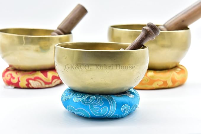 Chakra Healing Tibetan Singing Bowls Set of 3 pieces ~ Hand Hammered Himalayan Yoga Meditation Bowls - 4.5" to 5.5" - included 3 Mallets, and 3 cushions. Handmade in Nepal GKCOKukriHouse
