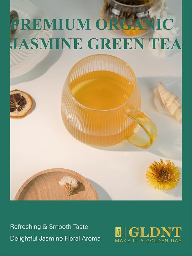 GLDNT Organic Jasmine Green Tea Bags, Organic Green Tea Scented with Jasmine Flowers, Floral Aroma & Smooth Taste, 100 Count - Bloomnest