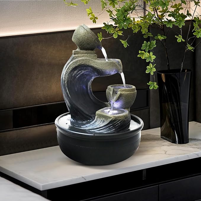 Indoor Tabletop Water Fountains and Calming Water Sound Relaxation Desktop Waterfall Fountain with LED Lights，The for Office, Room Decoration, Portable Feng Shui Fountain Indoor
