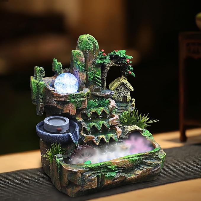 Waterfountain Indoors Tabletop Fountain Indoor Small Rockery Desktop Mountain Waterfall with Fog & LED for Home Office Atomizing Humidifier Small Waterfall Style 2