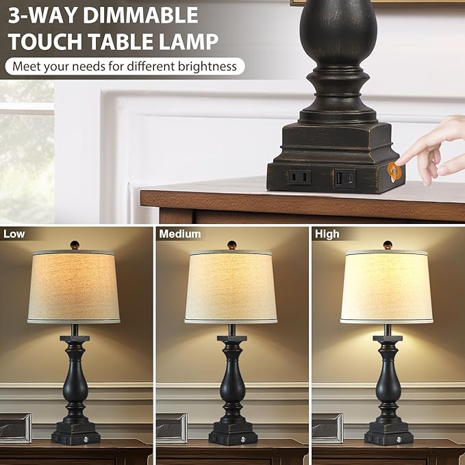 28" Tall Farmhouse Table Lamps Set of 2 with USB C+A Ports and AC Outlet, 3 Way Touch Control Rustic Bedside Lamp for Bedroom, Black Vintage Nightstand Lamp for Living Room Office - Bloomnest