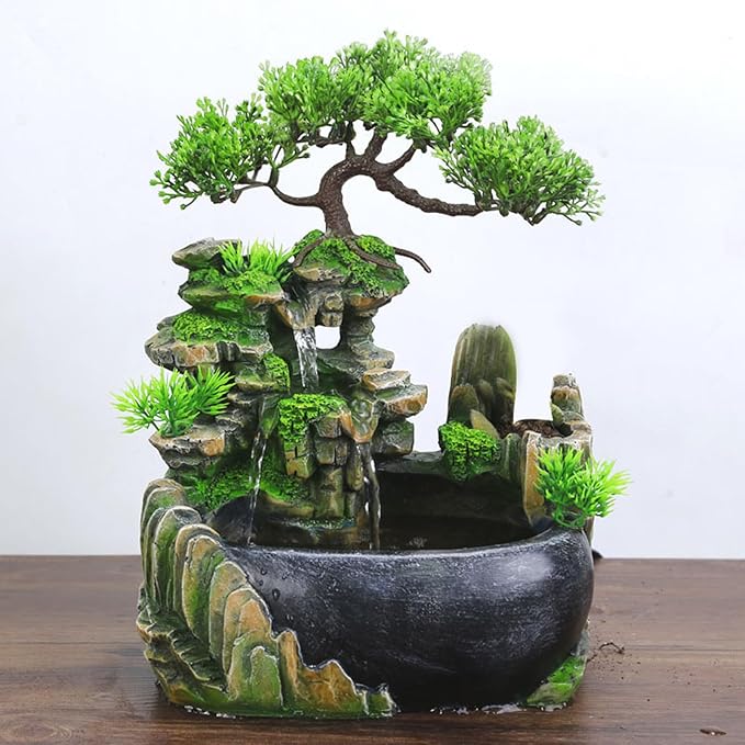 11-Inch Tabletop LED Waterfall Fountain with Atomizer – Quiet Resin Rockery Mist Humidifier for Bedroom, Office, Meditation or Gift Décor - Bloomnest