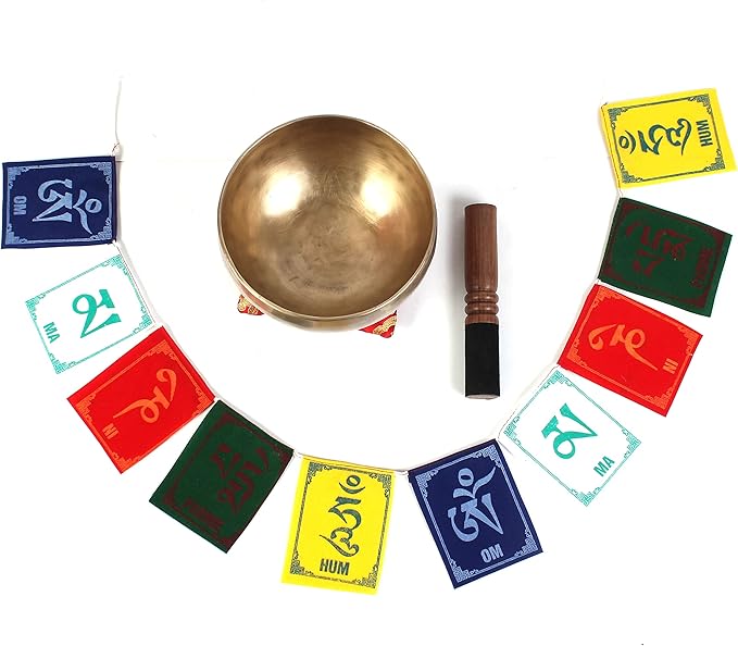 6 inch Tibetan Hammered Old Antique Himalayan 7 Metal Singing Bowls Meditation Singing Bowl For Healing Prayer,Yoga With Prayer Flag ,Mallet, & Cushion, GH-02 Bloomnest