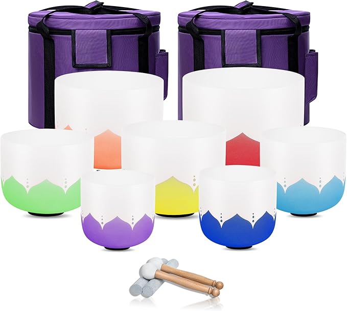 432hz Crystal Singing Bowl Healing 6-12inch Set of 7 Lotus for Meditation Yoga Heart Chakra Singing Bowls Heavy Duty Carrying Case Rubber Mallet Suede Striker - Bloomnest
