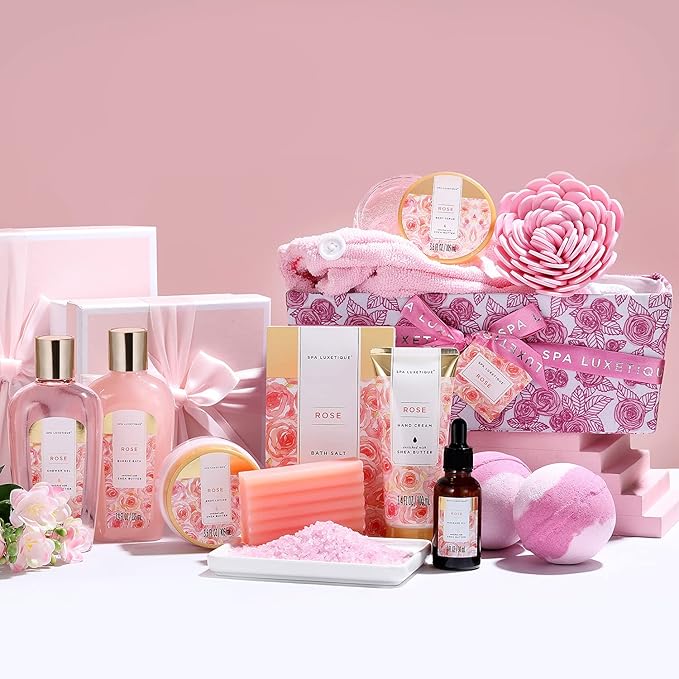 Spa Luxetique Spa Gift Baskets for Women, 12 Pcs Rose Presents Set with Bubble Bath, Bath Bombs, Body Lotion, Hand Cream, Christmas Gift Basket for Mom - Bloomnest