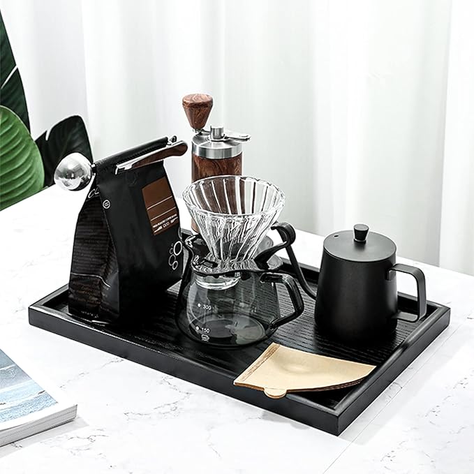 16 x 11 Inches Extra Large Solid Wood Serving Tray for Tea Coffee Table Snack Food Meals Serving Plate Kitchen Party Bar Breakfast Server with Raised Edges Black Wooden Decorative Ottoman Tray - Bloomnest