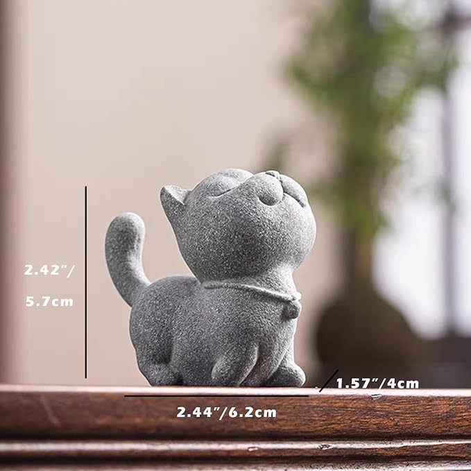Exquisite Sandstone Warrior Cat Incense Holder (2.16”*2.36”) with Free Fishing Rod and Fish, Plus Bamboo Mat Cushion (7.28”*3.34”) (Sassy Cat) - Bloomnest