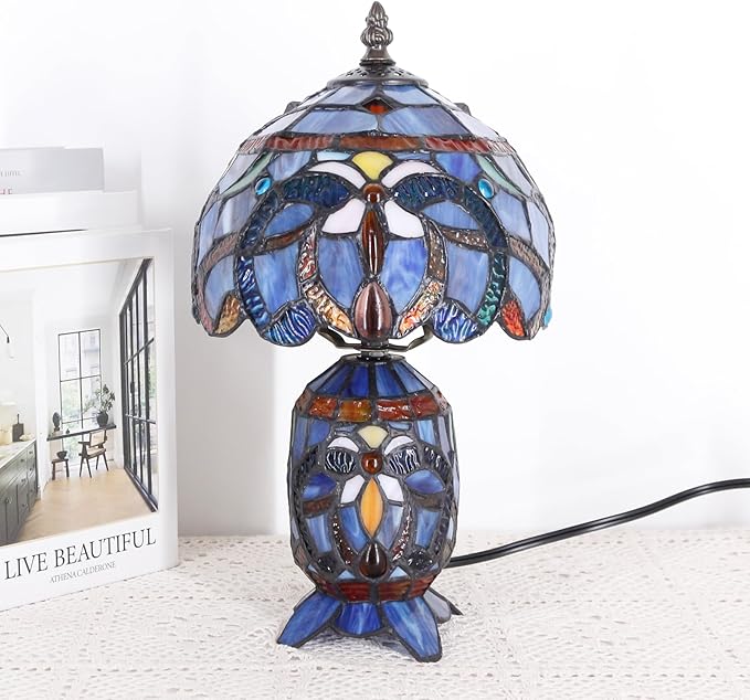 Small Tiffany Lamp Stained Glass Table Lamp Mini Mother Daughter Vase Desk Accent Night Light for Bedroom Bedside Reading Home Antique Style 8X14 Inches (Blue Purple) - Bloomnest