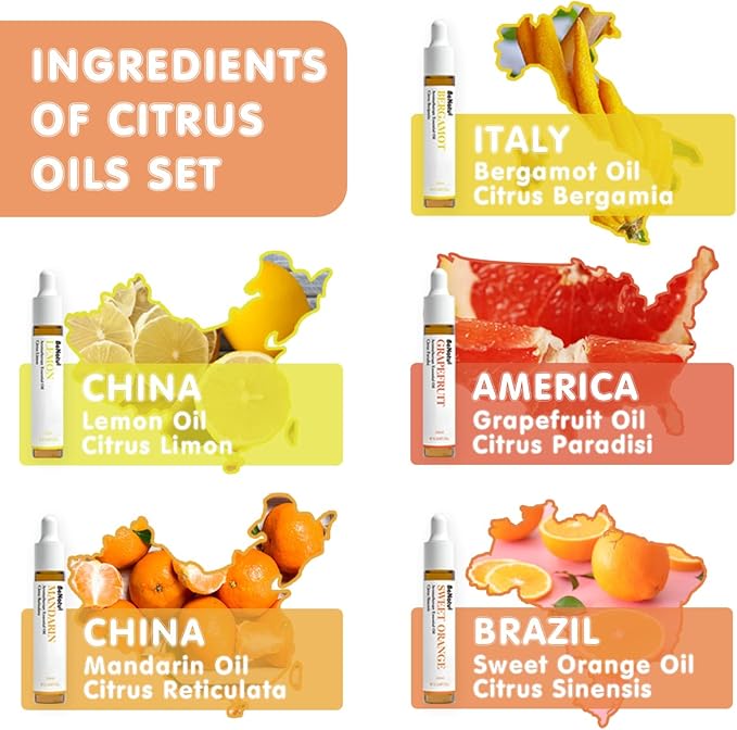 Citrus Essential Oil Set for Diffuser, Natural Fruity Fragrance Blends Gift for Home, Fresh Scent Aromatherapy Oils (Lemon, Sweet Orange, Grapefruit, Bergamot, Mandarin) 5 Packs - Bloomnest