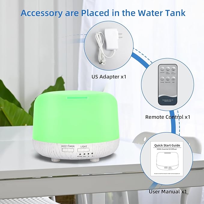 300ML Essential Oil Diffuser, Cool Mist Air Aromatherapy Oil Diffuser with Remote Control, 8 Hour Quiet Home Diffuser, 7 LED Light Colors, Timer,for Small Rooms Bedrooms. - Bloomnest