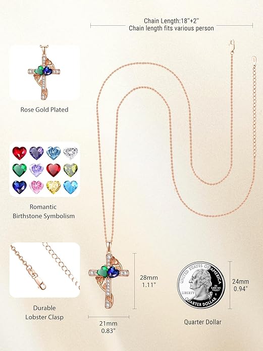 Rose Gold Dual Birthstones Cross Necklace for Women Rose Flower Jewelry Anniversary Christmas Mother's Valentine's Day Birthday Gift for Wife Girlfriend Mom - Bloomnest