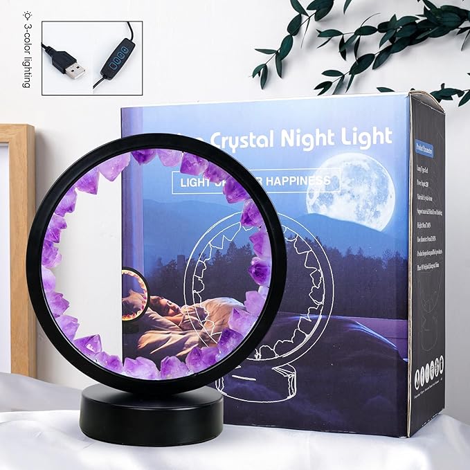 Runyangshi Amethyst Tooth Night Lamp 8.6" Natural Healing Crystal Bedside Lamp USB Port 3 Colours Dimming Mode Bedroom Lamp Suitable Night Light Ideal Gift - Bloomnest