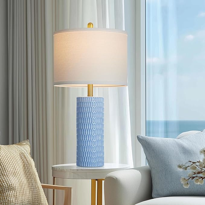 27" Blue Ceramic Lamps Set of 2, Coastal Ceramic Table Lamps for Living Room with Rotary Switch, Classic Bedside Lamp for Nightstand, Tall Lamps for Bedroom Side End Table Home Decor - Bloomnest