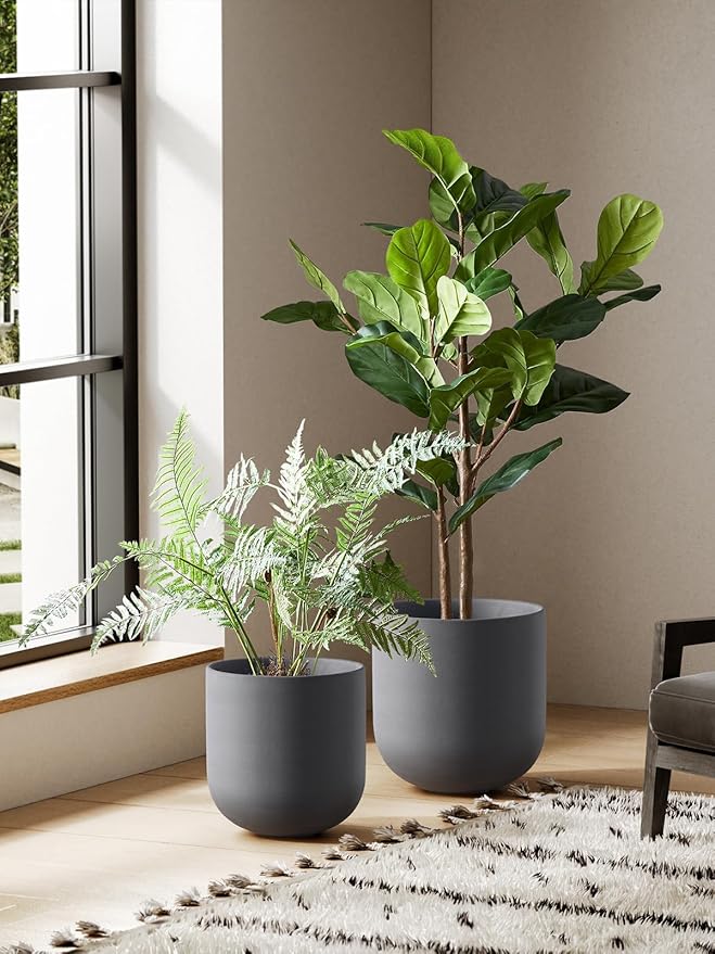 LE TAUCI 10 Inch Plant Pot, Ceramic Pots for Plants with Drainage Hole and Rubber Plug, Plant Pots Indoor for Home Garden Patio Office, Cylinder Planters for Indoor Plants, Charcoal Gray - Bloomnest