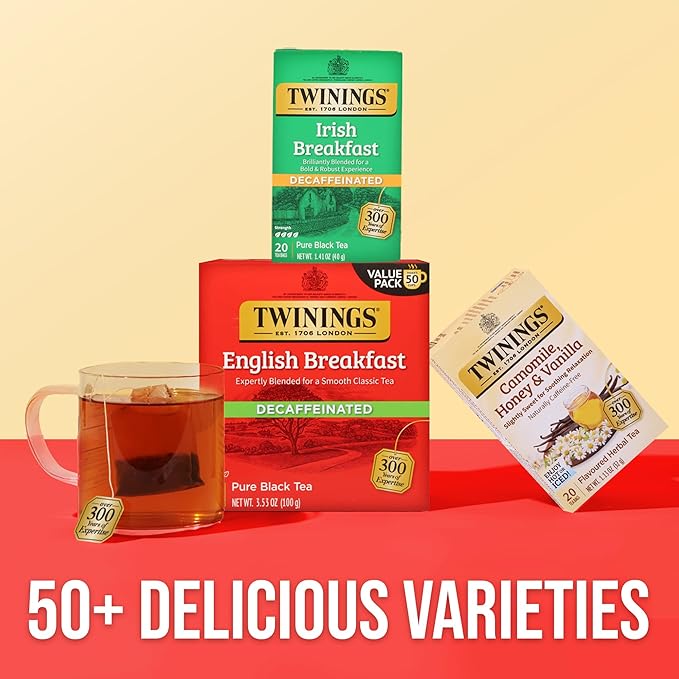 Twinings Decaffeinated English Breakfast Black Tea Bags, 50 Count (Pack of 6), Flavourful, Robust, Enjoy Hot or Iced, 300 Teabags - Bloomnest