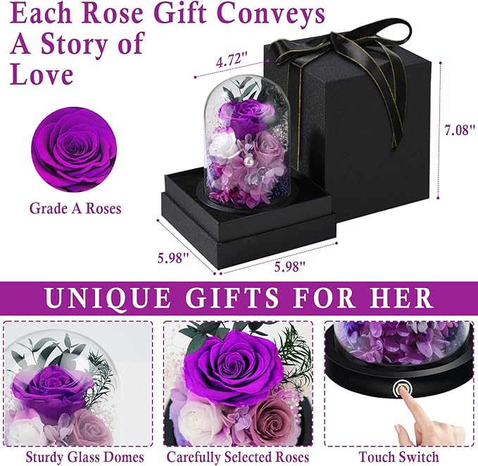FIACO Gifts for Women Preserved Rose Forever Flower in Glass Dome Fresh Flowers for Delivery Prime Mothers Day Birthday Gifts for Mom Grandma Wife Sister Purple Roses - Bloomnest