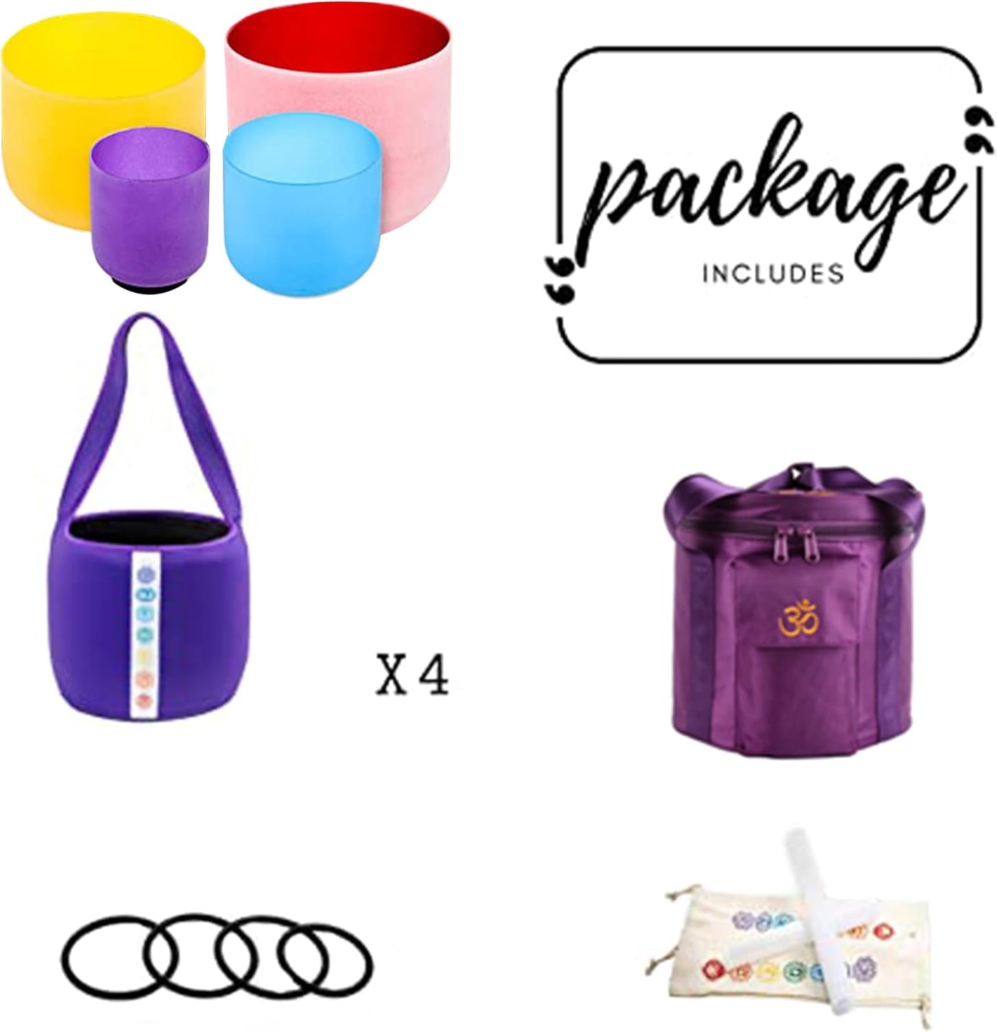 FMTY Singing Bowl Perfect Pitch 6B+8G+10E+12C Crystal Singing Bowl with Carrying Bag, Crystal Mallet, O-Ring Pure Quartz Crystal Sound Bowl for Meditation, Yoga, Spiritual Healing (Set of 4, Colored)