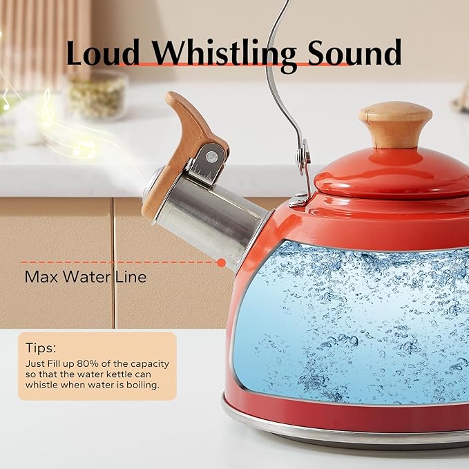 ROCKURWOK Tea Kettle, Tea Pot with Cool Touch Ergonomic Handle, Teapot Food Grade Stainless Steel, Tea Kettle Stovetop, Kettle Teapot, Whistling Tea Kettle, Small Tea Pot, 1.6 Quart (Red) - Bloomnest