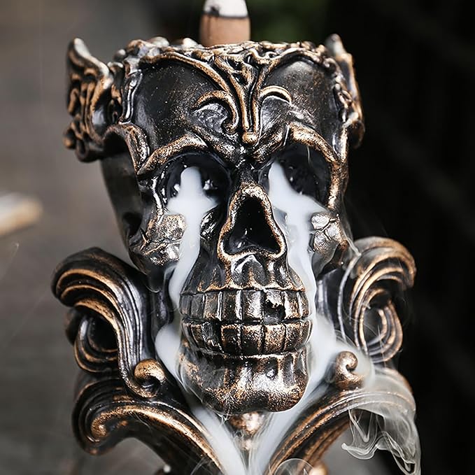 Comeon Backflow Incense Holder Burner Resin Skull Incense Burner Waterfall Incense Burner Home Decor + 20 Backflow Incense Cones + 30 Incense Sticks +1 Tweezer +1 Mat（Metallic Gold） - Bloomnest