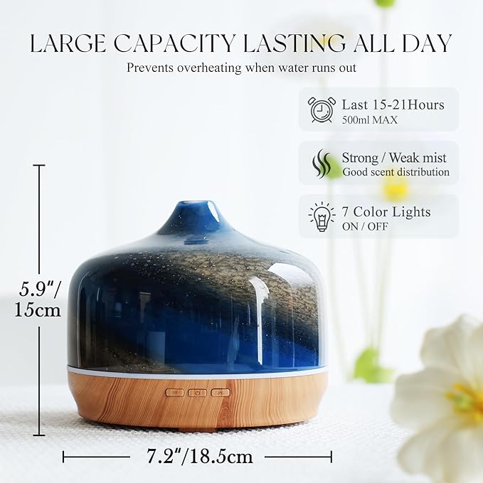 Porseme 500ml Glass Essential Oil Diffuser Aromatherapy Ultrasonic Cool Mist Humidifier 15-21 Running Hours Waterless Auto-Off Air Diffusers for Sleeping Yoga Office Working Spa and Rest (Galaxy) - Bloomnest