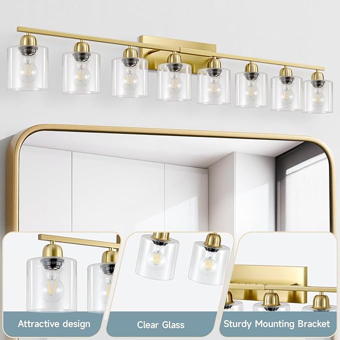 Modern Brushed Gold 8 Light Bathroom Light Fixtures, 52 inch Vanity Lights for Bathroom with Clear Glass for Mirror Kitchen Living Room Hallway Cabinet Porch - Bloomnest