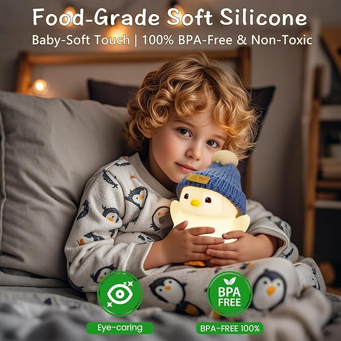 Penguin Night Light for Kids, Adorable Penguin Lamp with Hat, Food Grade Silicone Nursery Nightlight, Rechargeable/Dimmable/Timer,LED Squishy Novelty Animal Bedside Lamp,Funny Gifts for Boys - Bloomnest