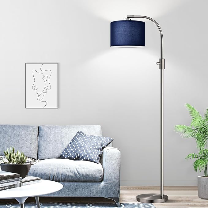 【Upgraded】 Dimmable Brushed Nickel Floor Lamp, 1200 Lumens LED Bulb Included, Arc Floor Lamps for Living Room Modern Standing Lamp with Blue Shade, Tall Lamp for Living Room Bedroom Office Study room - Bloomnest