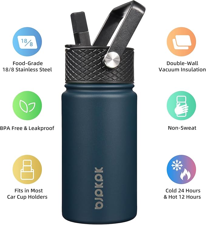 BJPKPK Water Bottle with Straw Lid, 15 oz Insulated Water Bottle, Stainless Steel Metal Water Bottles, Reusable Leak Proof BPA Free Thermo, Flask, Cups, Macaron-Navy Blue - Bloomnest