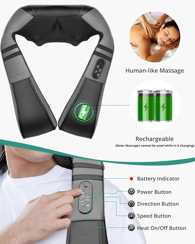 Medcursor Neck Massager with Heat for Pain Relief Deep Tissue, Rechargeable, Shiatsu Neck and Shoulder Massager, Ideal Choice for Men, Women, Mom & Dad - Bloomnest