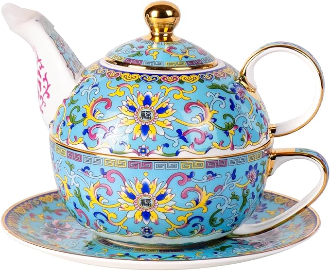 Tea for One, Porcelain Teapot and Cup Set, Vintage Tea Pot and Saucers Set, Ceramic Tea Set for Tea Party, Office and Home, Lake Blue Tea Cups and Saucer Set for Coffee, Cappuccino, Tea - Bloomnest