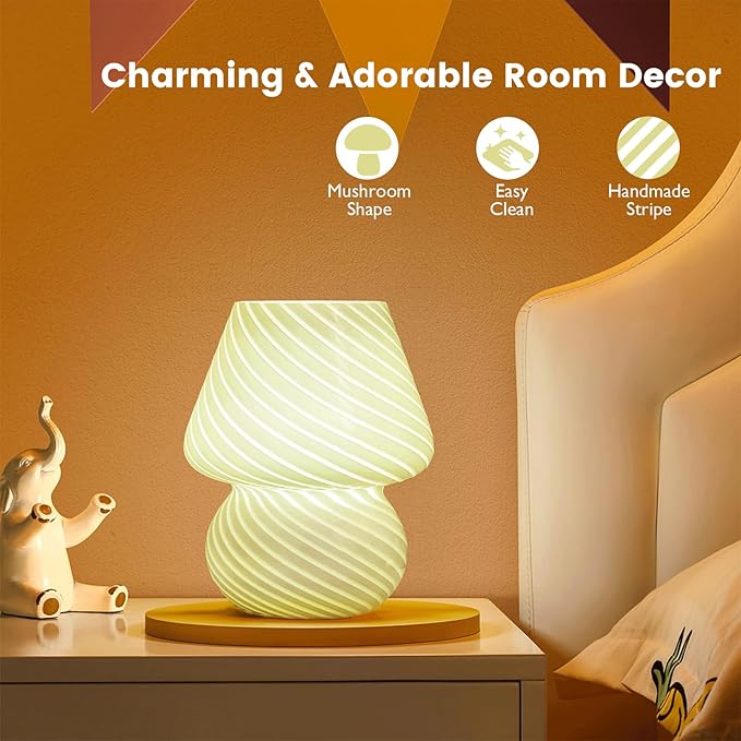 USB Plug-in Mushroom Lamp Small Bedside Table Lamp with 3 Temperature LED Bulb,Free Dimming Nights Light for Bedroom/Living Room/Entryway/Corner Decor (Stripe Green) - Bloomnest