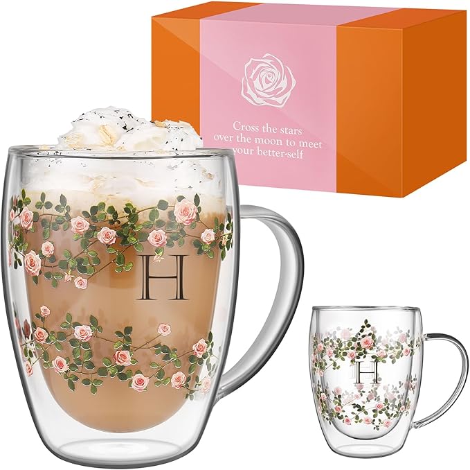 Initial Glass Cup for Women, 12oz Rose Double Walled Glass Coffee Mugs, Personalized Gifts for Women, Initial Coffee Tea Mug with Scarf, Birthday Wedding Gifts for Her Mom Teacher - Bloomnest