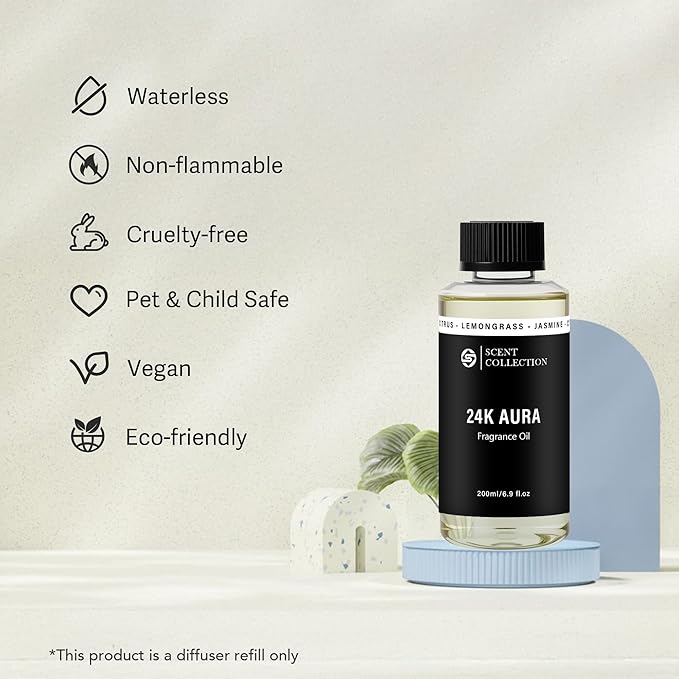 Luxury Hotel Scent 24K Aura Diffuser Oil Waterless Essential Aromatherapy for Cold Air & Car Diffusers – Long Lasting Refill for Large Room & Home - Signature Lemongrass (200ml/6.76Fl oz) - Bloomnest