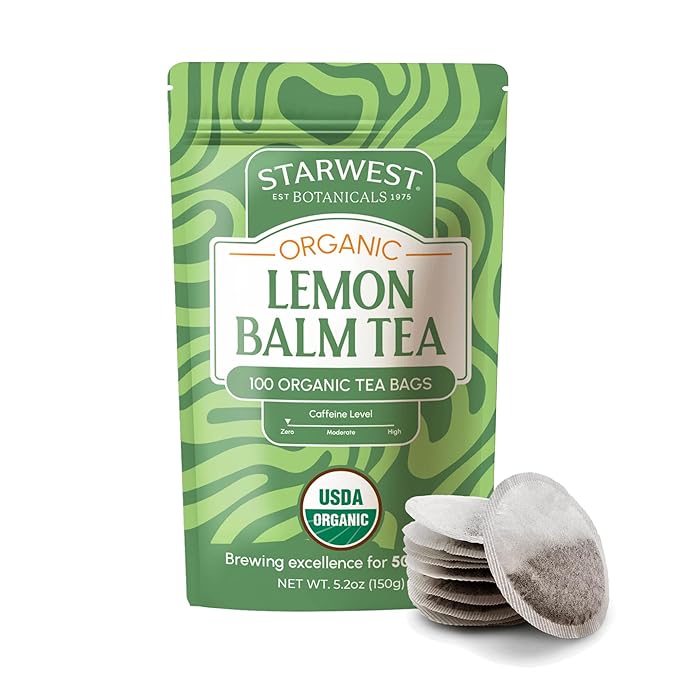Starwest Botanicals Organic Lemon Balm Leaf Tea - Calming Herbal Tea for Women & Men, Caffeine Free, USDA Organic Lemon Balm Leaf, String Free Sachets, Non GMO - Bulk Pack, 100 Tea Bags - Bloomnest
