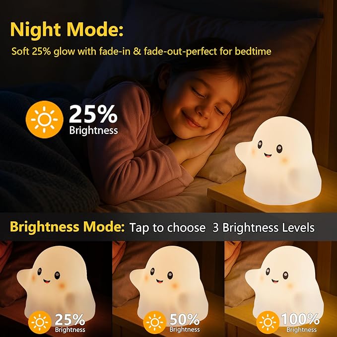 RGB Ghost Night Light – Color-Changing Tap Control Fun Toy for Kids, Soft Squishy Silicone Lamp with Sounds, Dimmable Rechargeable Bedside & Table Lamp, Funny Gift for Boys & Girls - Bloomnest