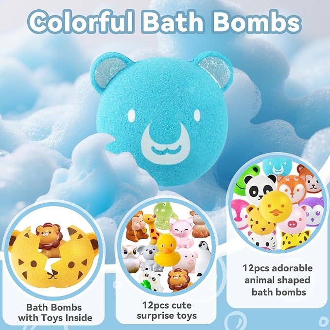 Bath Bombs for Kids with Surprise Toys Inside, 12 Pcs Bubble Bath Fizzy Balls with 12 Animal Shapes, Natural Bath Bombs Easter Christmas Children's Day Gift Set for Kids Girls Boys Toddlers - Bloomnest
