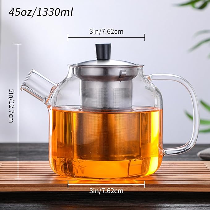 50OZ Glass Teapot With Infuser, Tea Pot for Stove Top, 1500ML Glass Tea Cup With Infuser and Lid, Microwave and Dishwasher Safe - Bloomnest