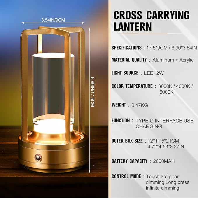 Portable Metal Table Lamp,Cordless Table Lamp, Rechargeable Battery Operated Lights, LED Table Lamps, 3 Color Stepless Dimming Touch, for Bedroom Restaurant Home Outdoor (Golden) - Bloomnest
