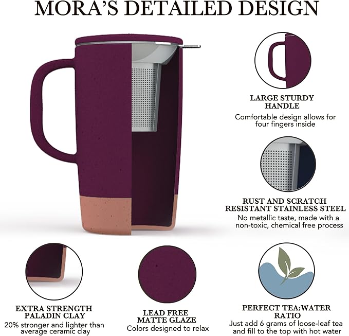 Mora Ceramics Large Tea Mug with Loose Leaf Infuser and Ceramic Lid, 18 oz, Portable, Microwave and Dishwasher Safe, Tall Coffee Cup - Rustic Matte Ceramic Glaze, Modern Herbal Tea Strainer, Merlot - Bloomnest