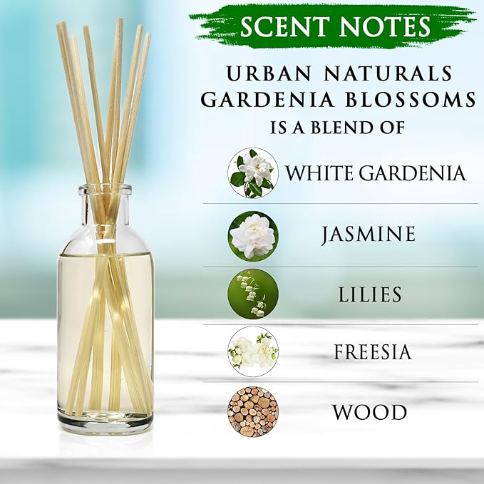 Urban Naturals Gardenia Blossoms Reed Diffuser Set with Jasmine, Gardenia, Ylang Ylang Scent Notes for a Continuous Air Freshener Scent - Bloomnest