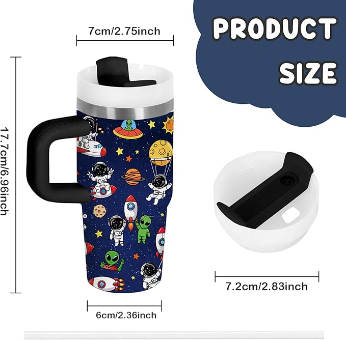 Space Themed Gifts for Boys - 14oz Kids Astronaut Tumbler with Handle and Straw, Stainless Steel Insulated Water Cup, for Sports, School - Space Themed Children's Birthday Gift Cup (1pc) - Bloomnest